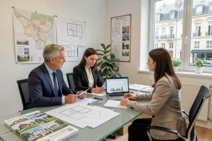 Conseiller en investissement locatif présentant des opportunités immobilières à un couple dans une agence moderne de Seine-et-Marne