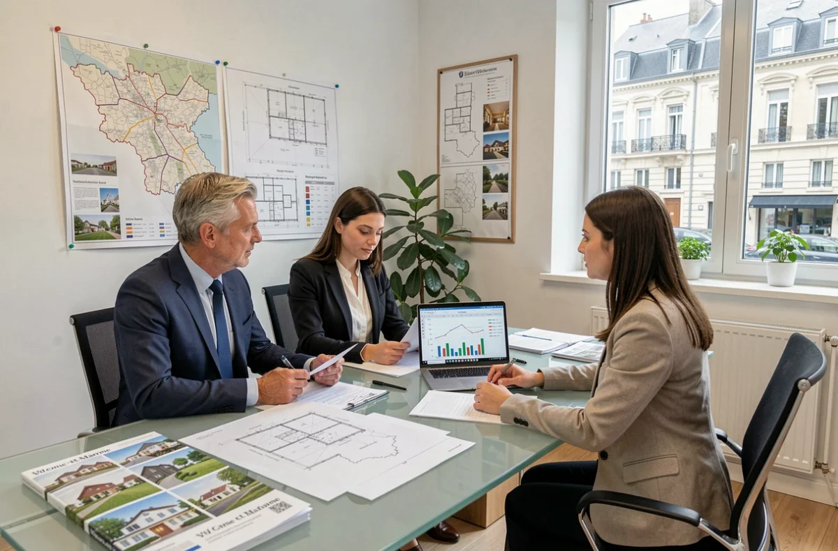 Conseiller en investissement locatif présentant des opportunités immobilières à un couple dans une agence moderne de Seine-et-Marne