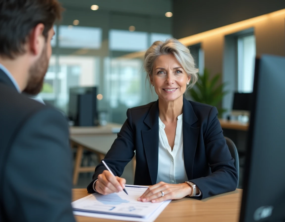 Conseillère bancaire expliquant le fonctionnement du chèque différé Leclerc à un client en agence