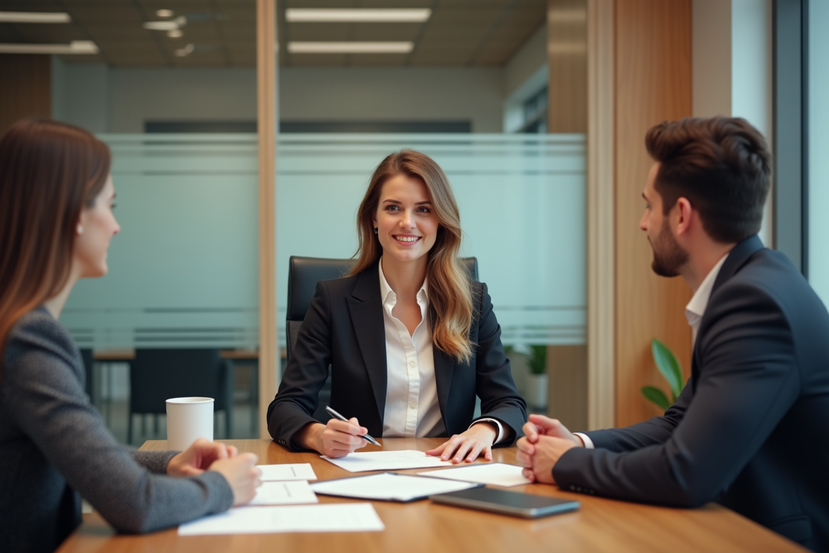 Conseillère en assurance expliquant un contrat à un couple en réunion