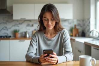 Femme consultant son compte bancaire en ligne sur smartphone depuis sa cuisine le matin