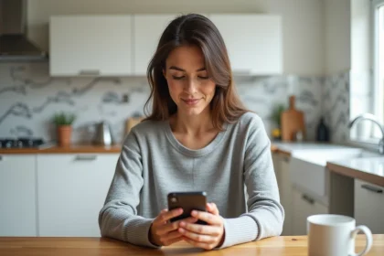 Femme consultant son compte bancaire en ligne sur smartphone depuis sa cuisine le matin