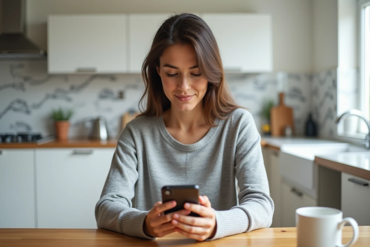 Femme consultant son compte bancaire en ligne sur smartphone depuis sa cuisine le matin