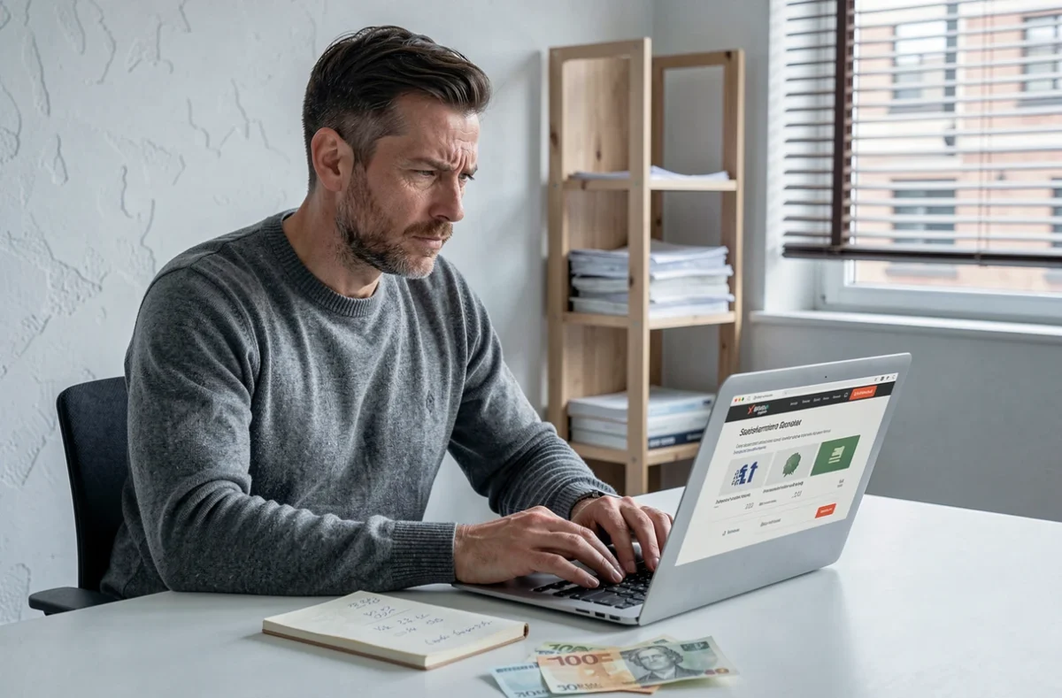 Homme en pull gris calculant la conversion de 400 francs en euros sur un ordinateur portable avec des billets posés sur un bureau minimaliste