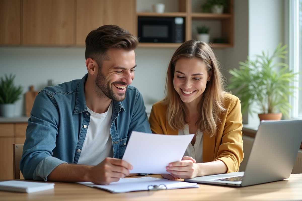 Jeune couple souriant examinant documents de prêt auto