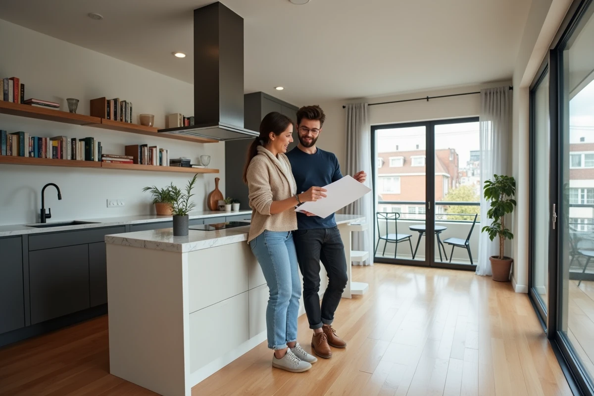 Jeune couple examinant plans dans cuisine lumineuse