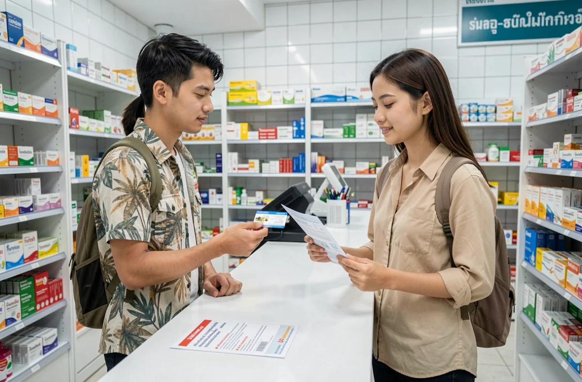 Couple de voyageurs utilisant leur carte d'assurance santé dans une pharmacie en Thaïlande