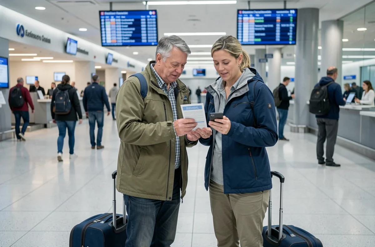 Couple consultant leur assurance voyage sur un smartphone dans un terminal d'aéroport international