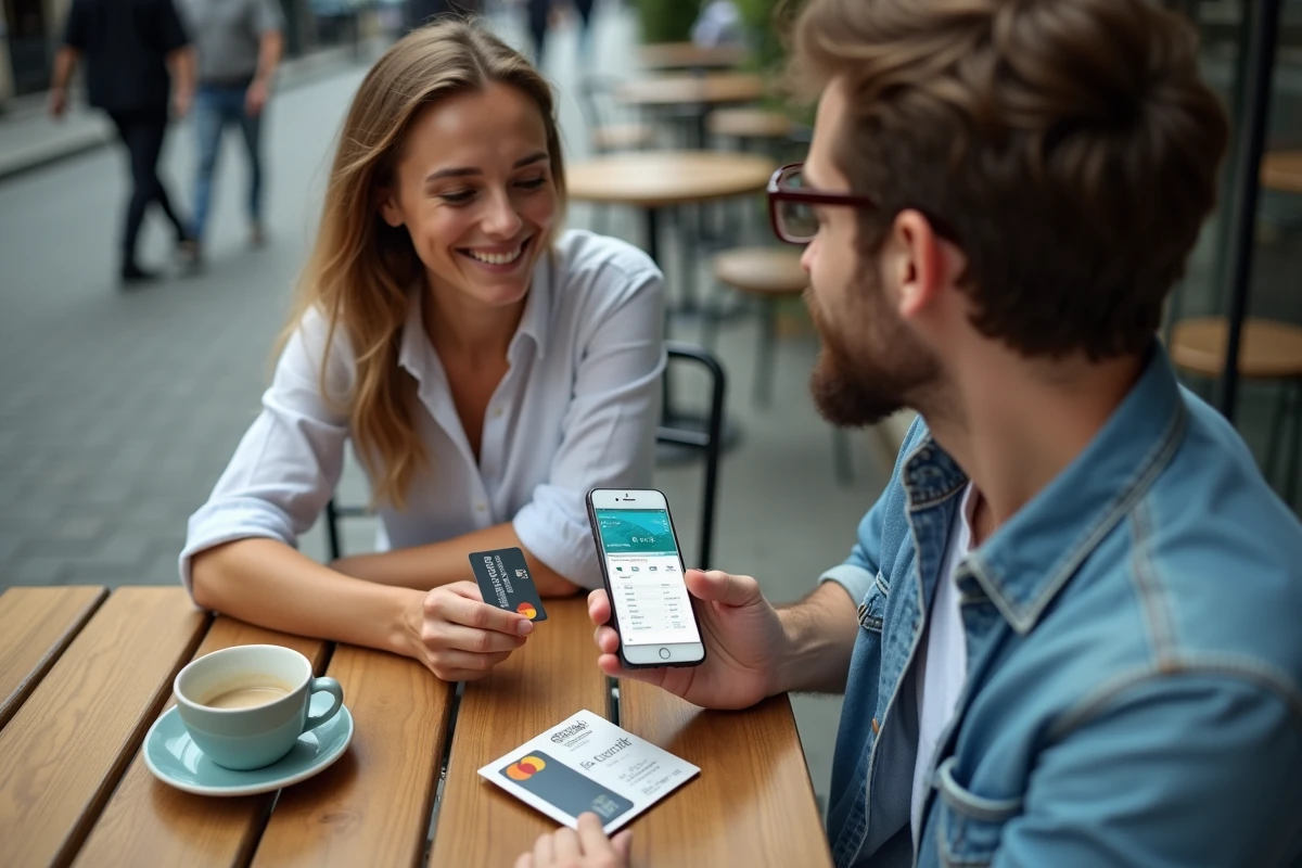 Couple comparant deux cartes Mastercard Crédit Agricole sur une terrasse de café pour choisir l'offre adaptée à leurs usages