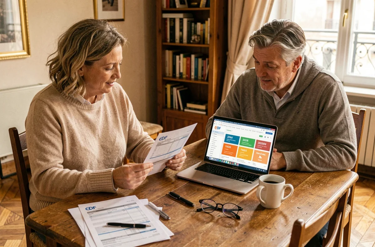 Couple comparant les options tarifaires EDF heures creuses 2026 autour d'une table avec factures et ordinateur portable
