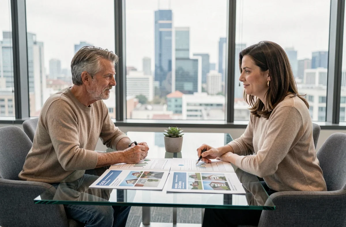 Couple en réunion avec un conseiller financier comparant SCPI et investissement locatif dans une salle de réunion moderne