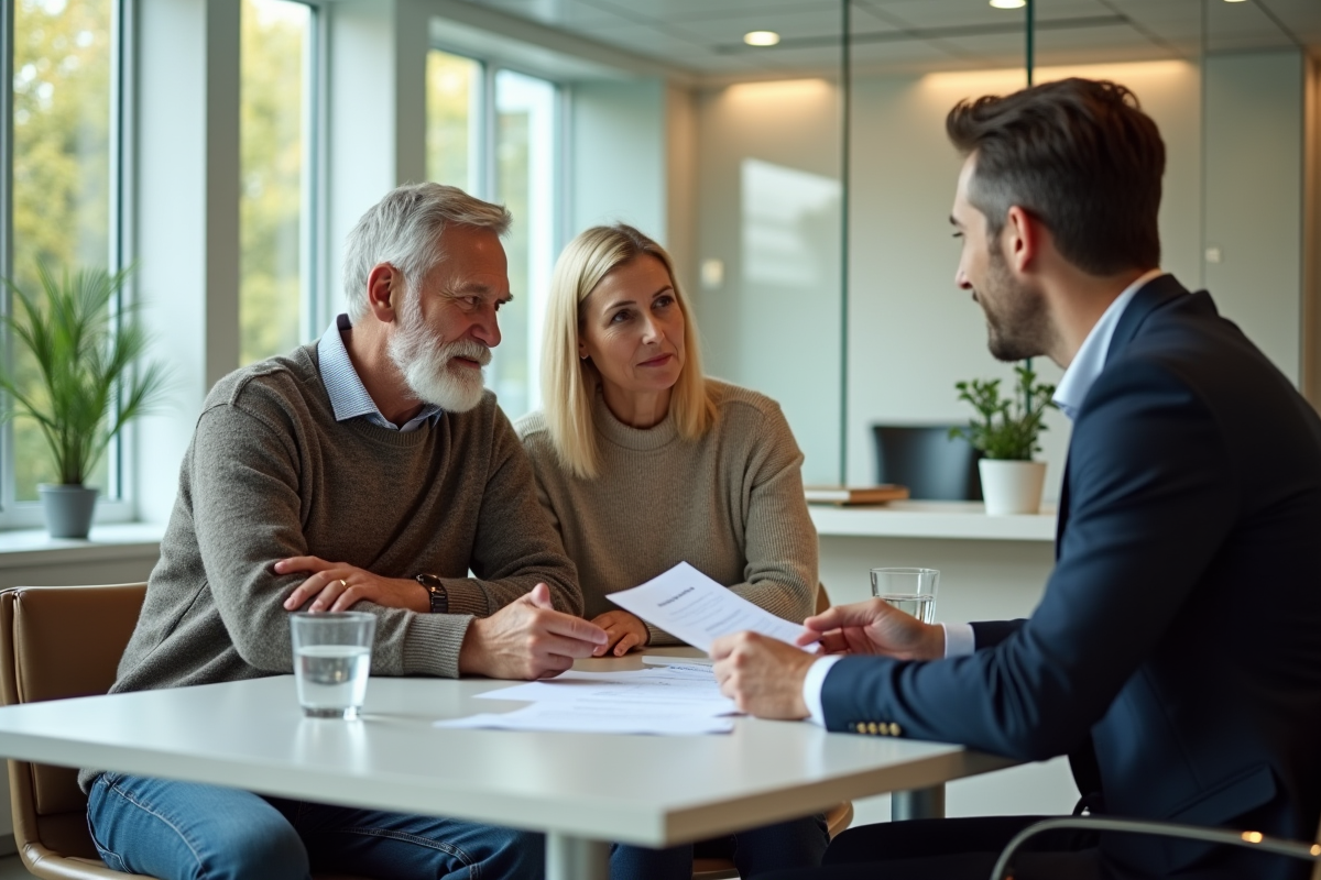 Couple discutant avec un conseiller financier dans une banque