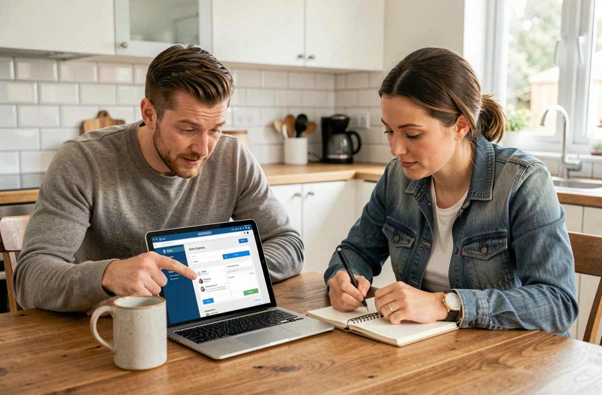 Couple gérant leurs finances en ligne sur une tablette dans une cuisine moderne