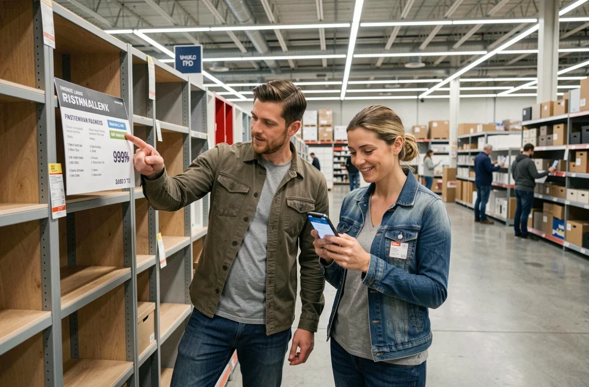 Couple comparant les options de paiement en plusieurs fois dans un magasin de meubles