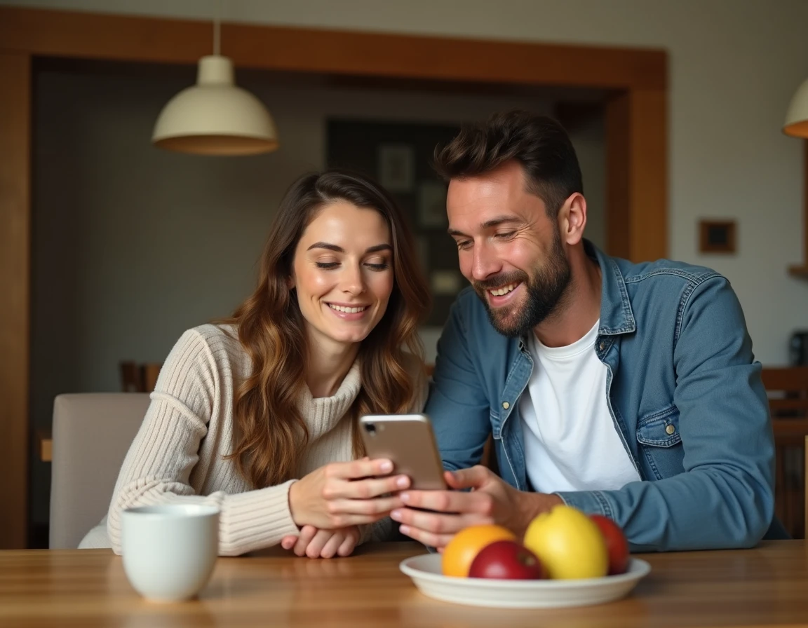 Couple de parents consultant ensemble un article de blog sur smartphone à la table du dîner, évoquant la simplicité de Ptitclic pour les familles