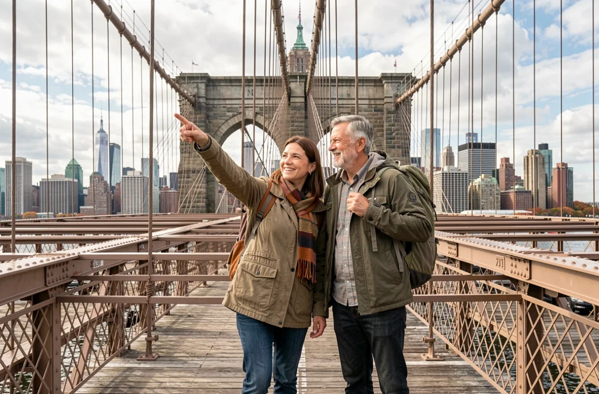 Couple de voyageurs sur le pont de Brooklyn contemplant les gratte-ciels de Manhattan lors d'un voyage à New York