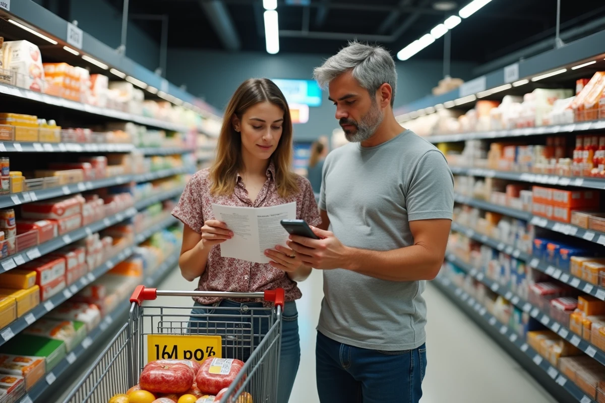 Couple consultant des promotions Cora en magasin pour optimiser l'utilisation de leur chèque différé
