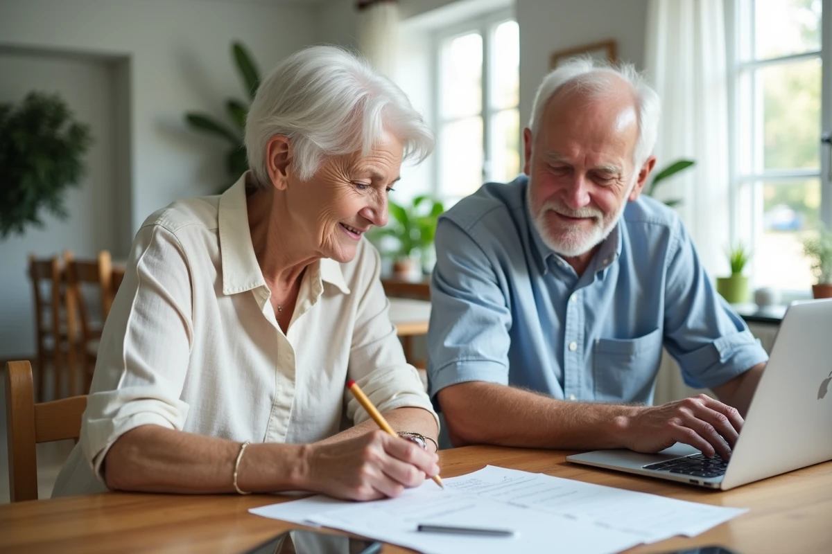 Couple de seniors calculant ensemble le montant et la durée de l'allocation chômage ARE