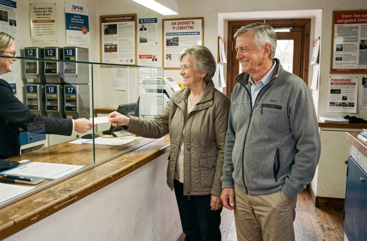 Couple de seniors effectuant un retrait d'argent au guichet d'un bureau de poste français