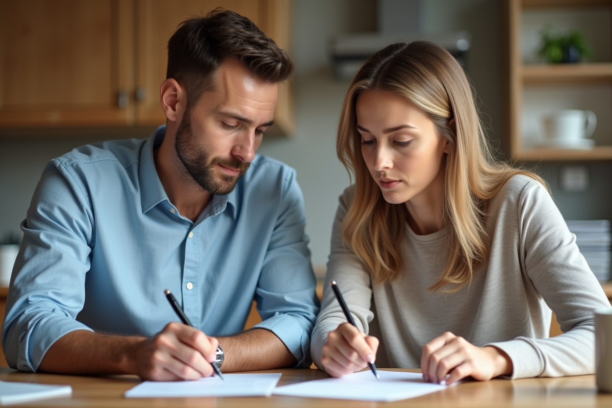 Couple signant un contrat de pret dans une cuisine moderne