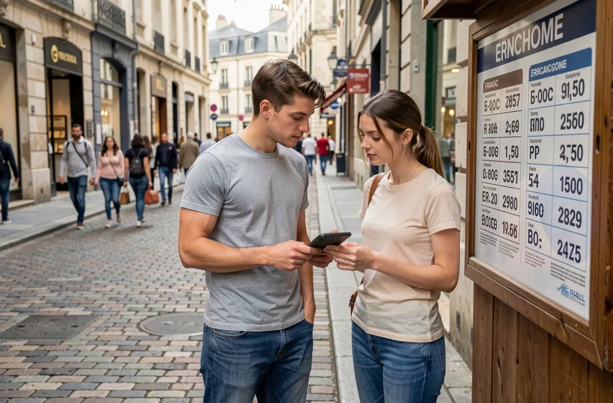 Jeune couple consultant un tableau de taux de change franc-euro devant un bureau de change en rue piétonne européenne