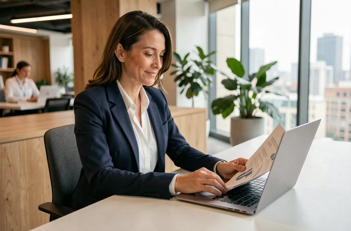 Professionnelle utilisant une plateforme de courtage en ligne pour gérer ses contrats d'assurance au bureau