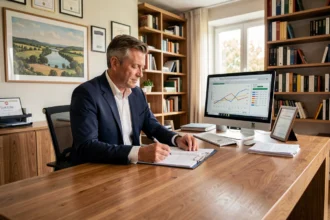 Courtier en assurance dans la Loire examinant des documents dans un bureau professionnel moderne
