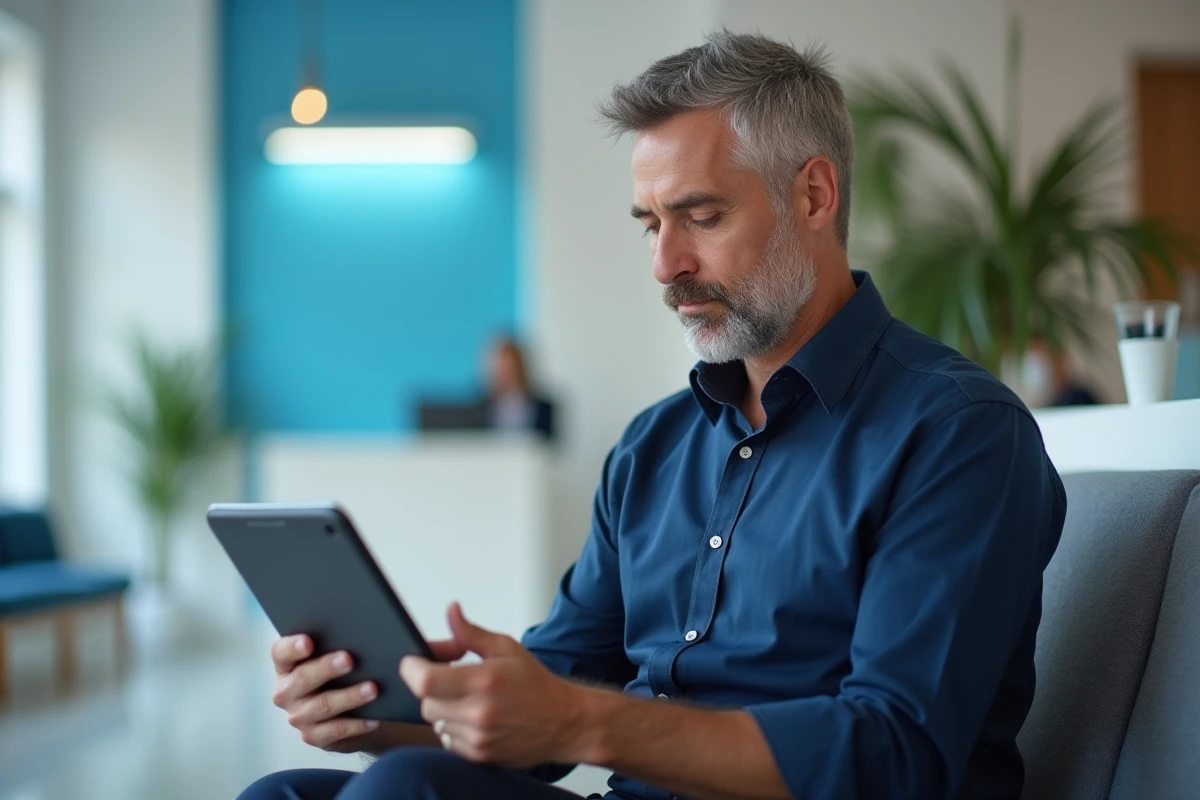 Homme découvrant les services en ligne LCL sur tablette dans une agence bancaire moderne