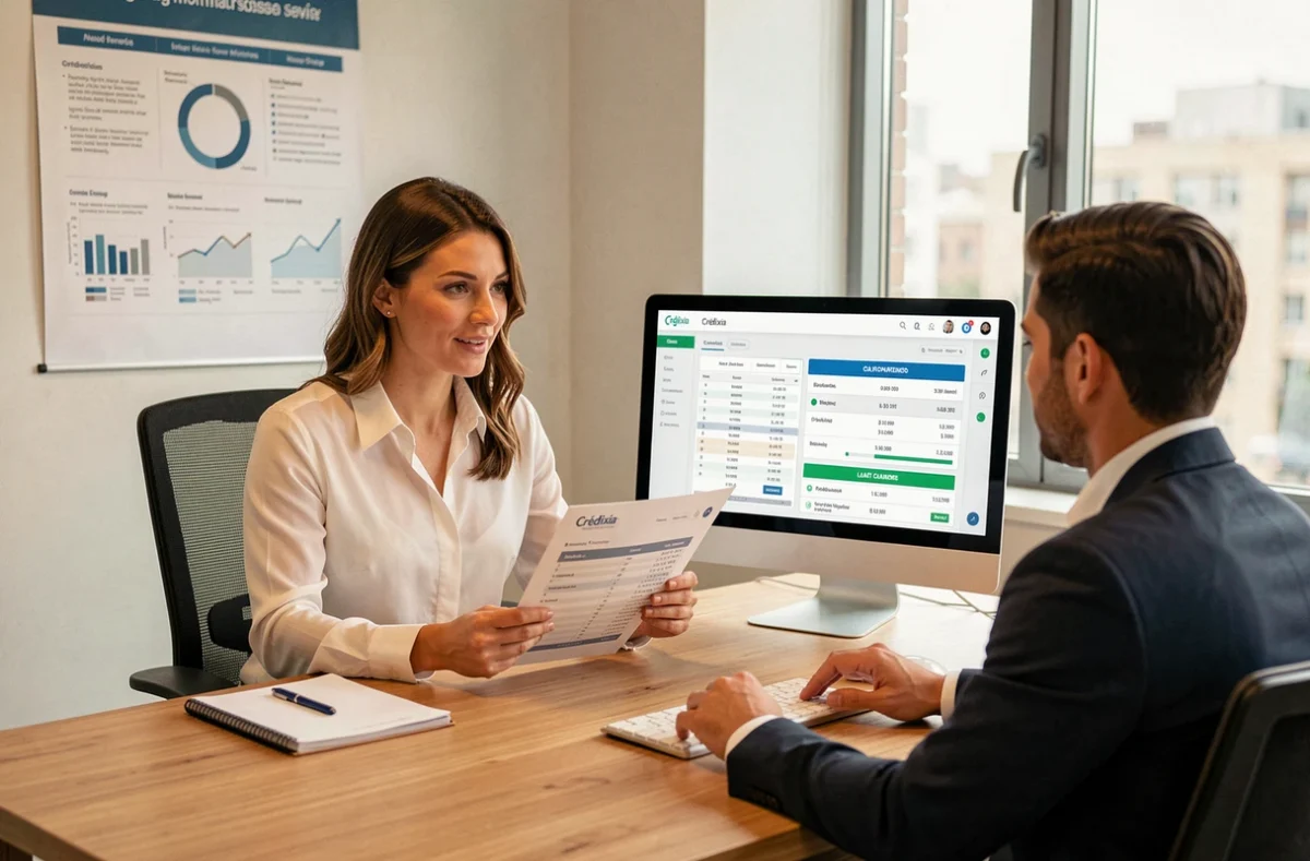 Conseillère Crédixia présentant une simulation de prêt immobilier à un client dans un bureau moderne