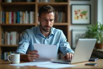 Homme consultant des documents pour une demande de chômage après avoir travaillé à l'étranger