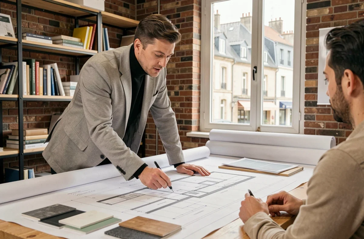 Conseiller-architecteur de DIA Architecteur étudiant des plans architecturaux avec un client dans un studio de conception