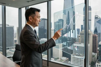 Dirigeant d'entreprise analysant des données économiques mondiales dans une salle de réunion moderne avec vue sur un quartier financier