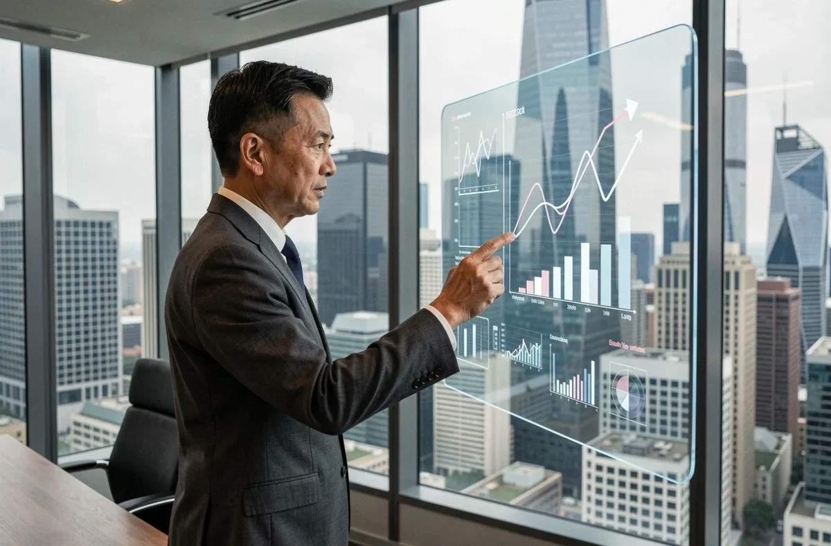 Dirigeant d'entreprise analysant des données économiques mondiales dans une salle de réunion moderne avec vue sur un quartier financier