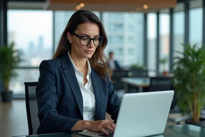 Dirigeante d'entreprise consultant des avis clients Avanseo sur son ordinateur portable dans un bureau moderne
