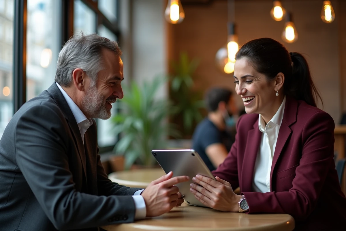 Deux dirigeants échangeant leurs avis sur la plateforme Avanseo autour d'une tablette dans un café urbain