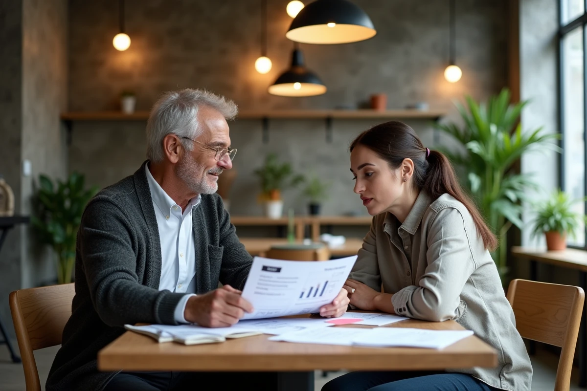 Deux professionnels discutant d'erreurs dans un rapport de calcul ROI autour d'une table dans un espace de coworking