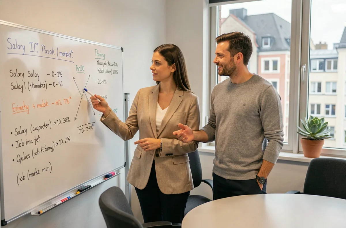 Deux collègues discutant des stratégies de négociation salariale en Allemagne devant un tableau blanc