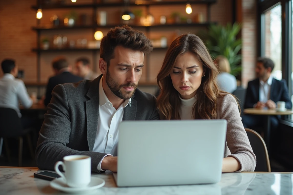 Deux personnes analysant ensemble les paramètres de sécurité d'une cagnotte participative dans un café