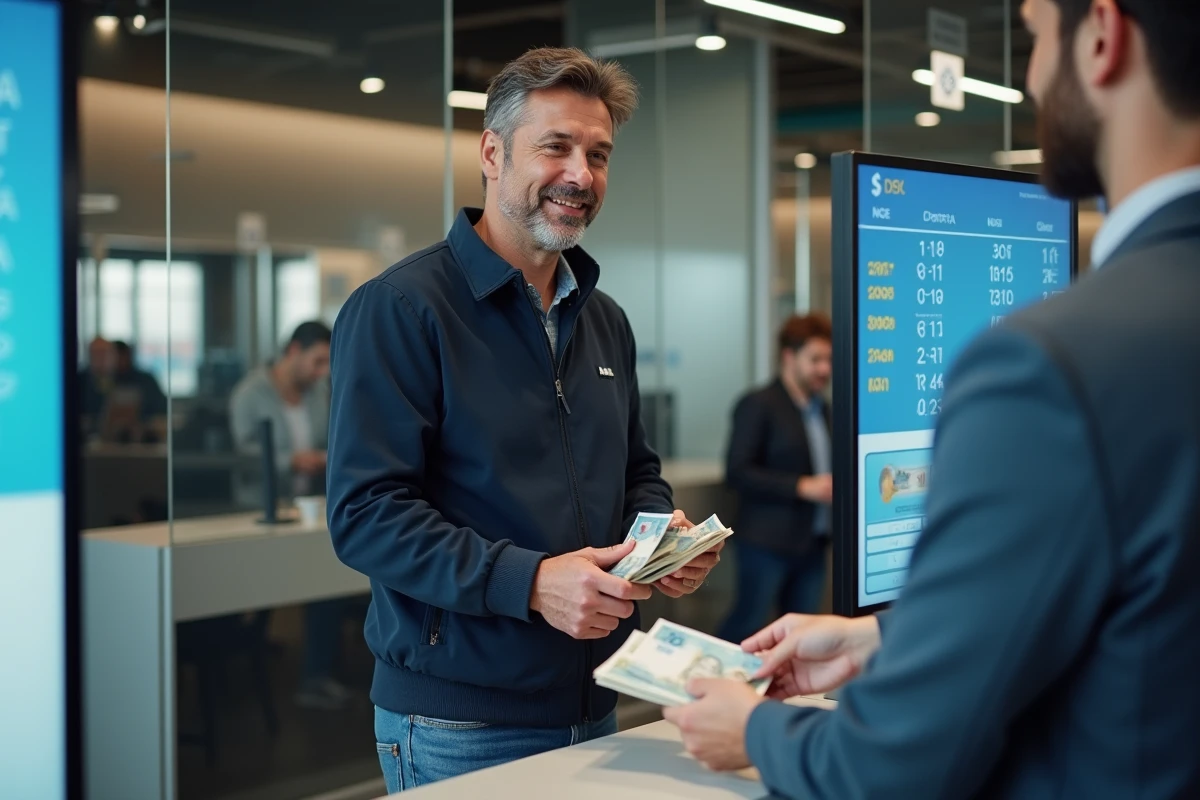 Homme échangeant des pesos argentins restants dans un bureau de change en ville