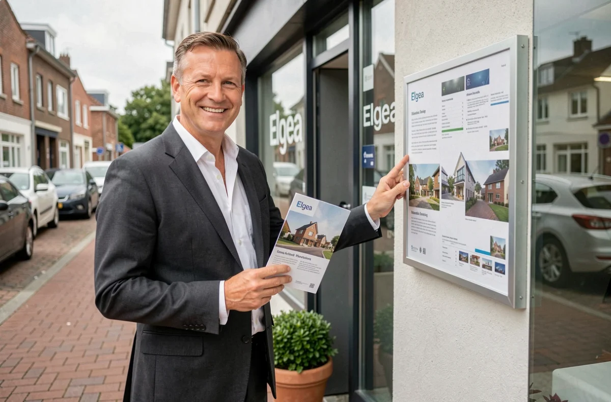 Conseiller Elgea présentant des brochures d'investissement locatif devant l'agence en Seine-et-Marne
