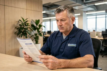 Employé Michelin consultant sa mutuelle d'entreprise dans un bureau RH moderne