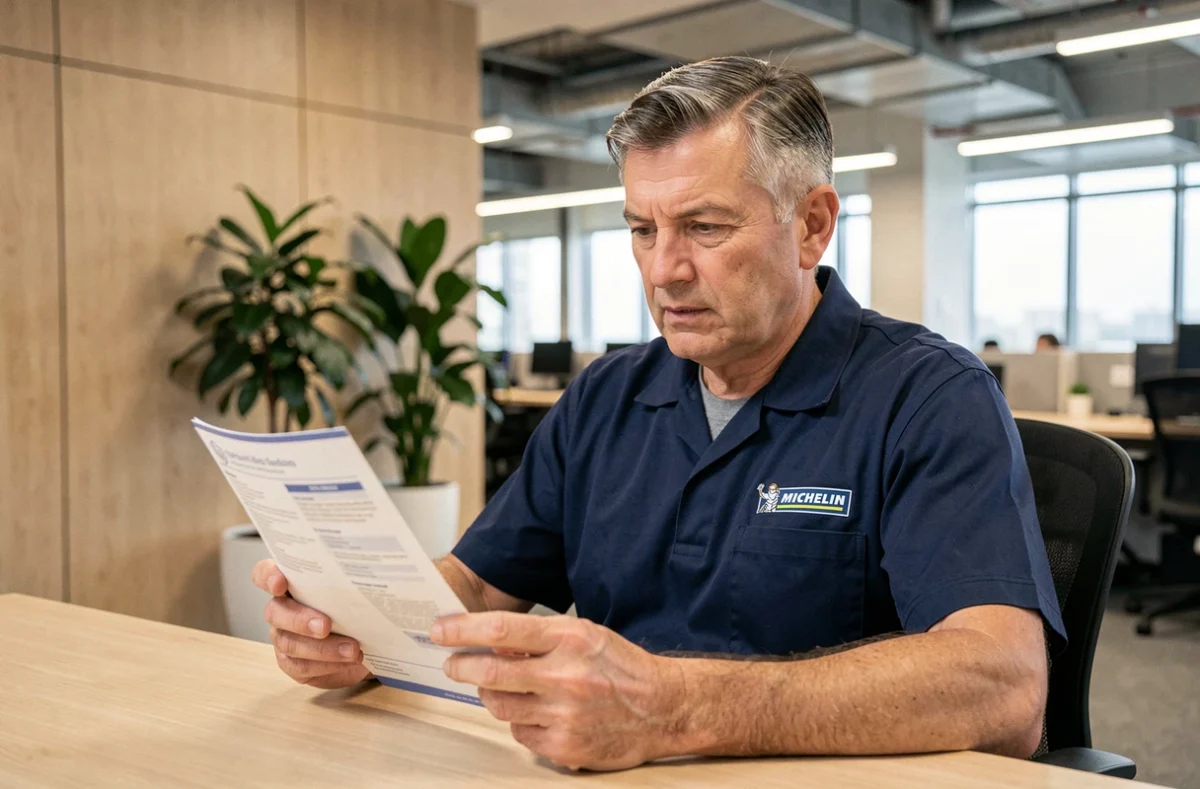 Employé Michelin consultant sa mutuelle d'entreprise dans un bureau RH moderne