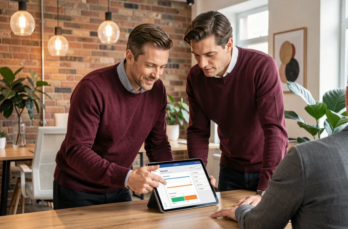 Conseiller d'Empruntaux présentant une simulation de prêt immobilier sur tablette à un client