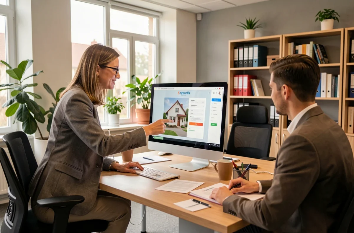 Conseillère Empruntis Oise réalisant une simulation de prêt immobilier avec un jeune couple