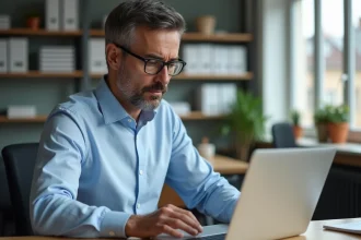 Professeur homme regardant simulation de salaire sur ordinateur