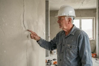 Entrepreneur en bâtiment inspectant une fissure murale dans un chantier de rénovation résidentielle