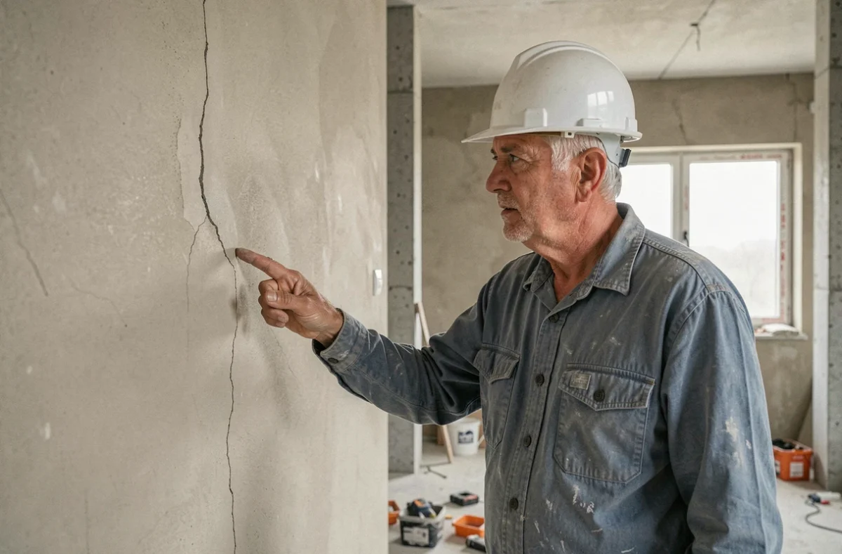 Entrepreneur en bâtiment inspectant une fissure murale dans un chantier de rénovation résidentielle