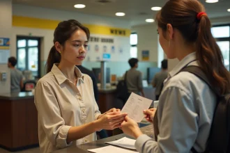 Femme envoyant de l'argent via Western Union à un guichet de bureau de poste pour un voyage à l'étranger