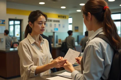 Femme envoyant de l'argent via Western Union à un guichet de bureau de poste pour un voyage à l'étranger