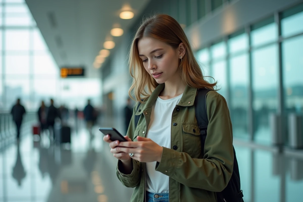 Jeune femme réalisant un envoi Western Union depuis son smartphone dans un aéroport avant son départ en voyage